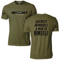 Adversity Introduces a Man to Himself T-Shirt, military olive, front and back
