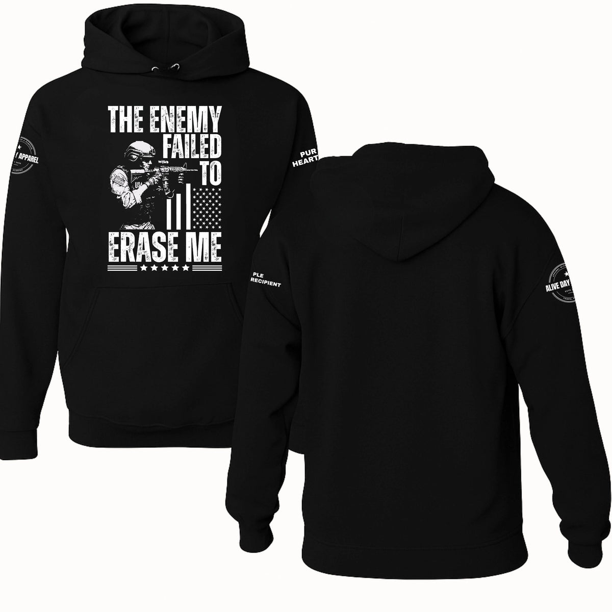 Purple Heart Honor Hoodie, The Enemy Failed to Erase Me, black, front and back