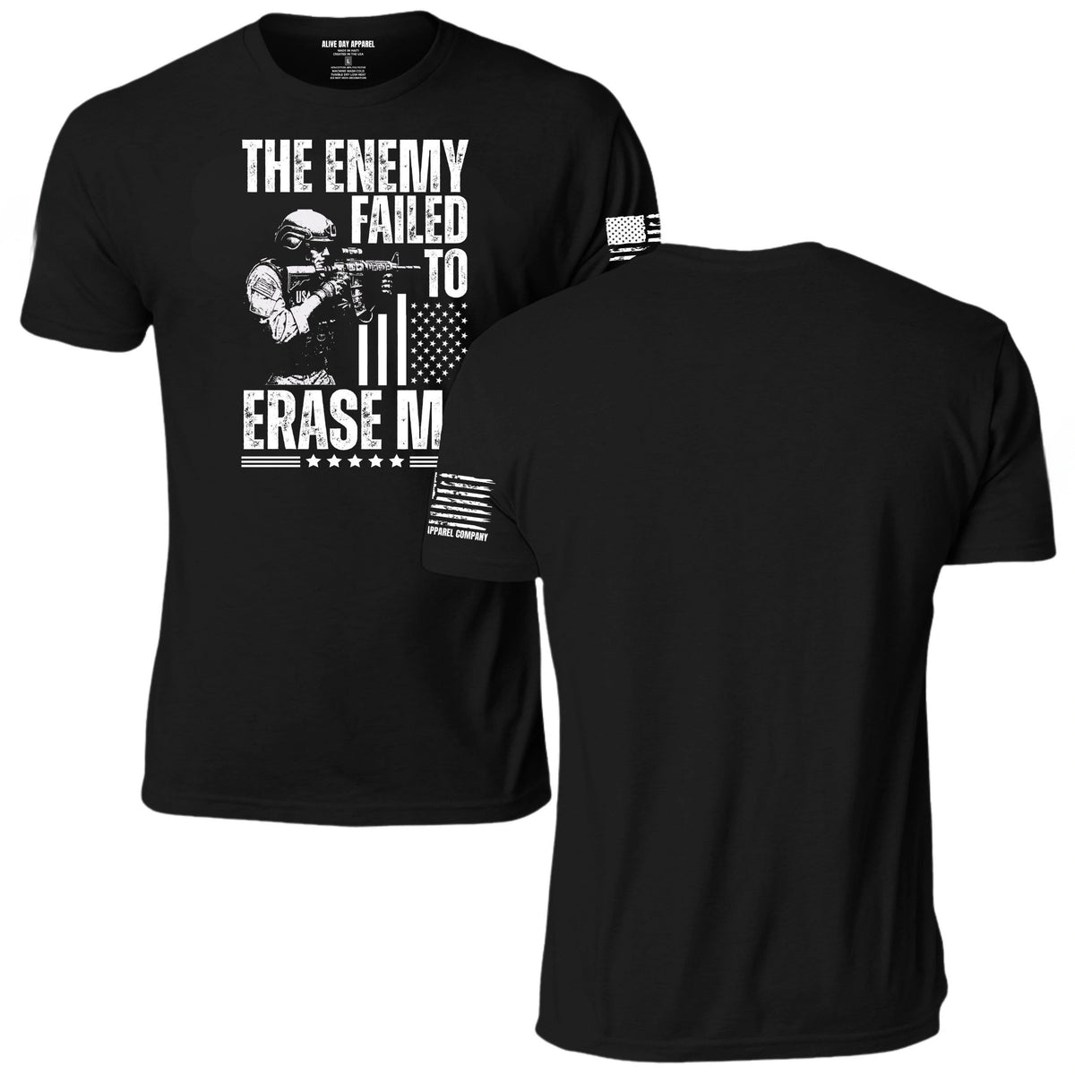 The Enemy Failed to Erase Me Military T-Shirt, black, front and back