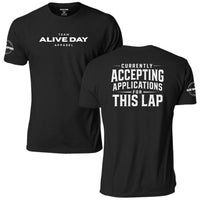 Currently Accepting Applications for This Lap T-Shirt, black, front and back