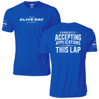 Currently Accepting Applications for This Lap T-Shirt, royal blue, front and back