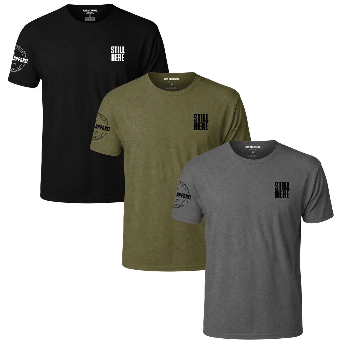 Still Here Classic T-Shirt 3-Pack, black, military olive and heather gray tees